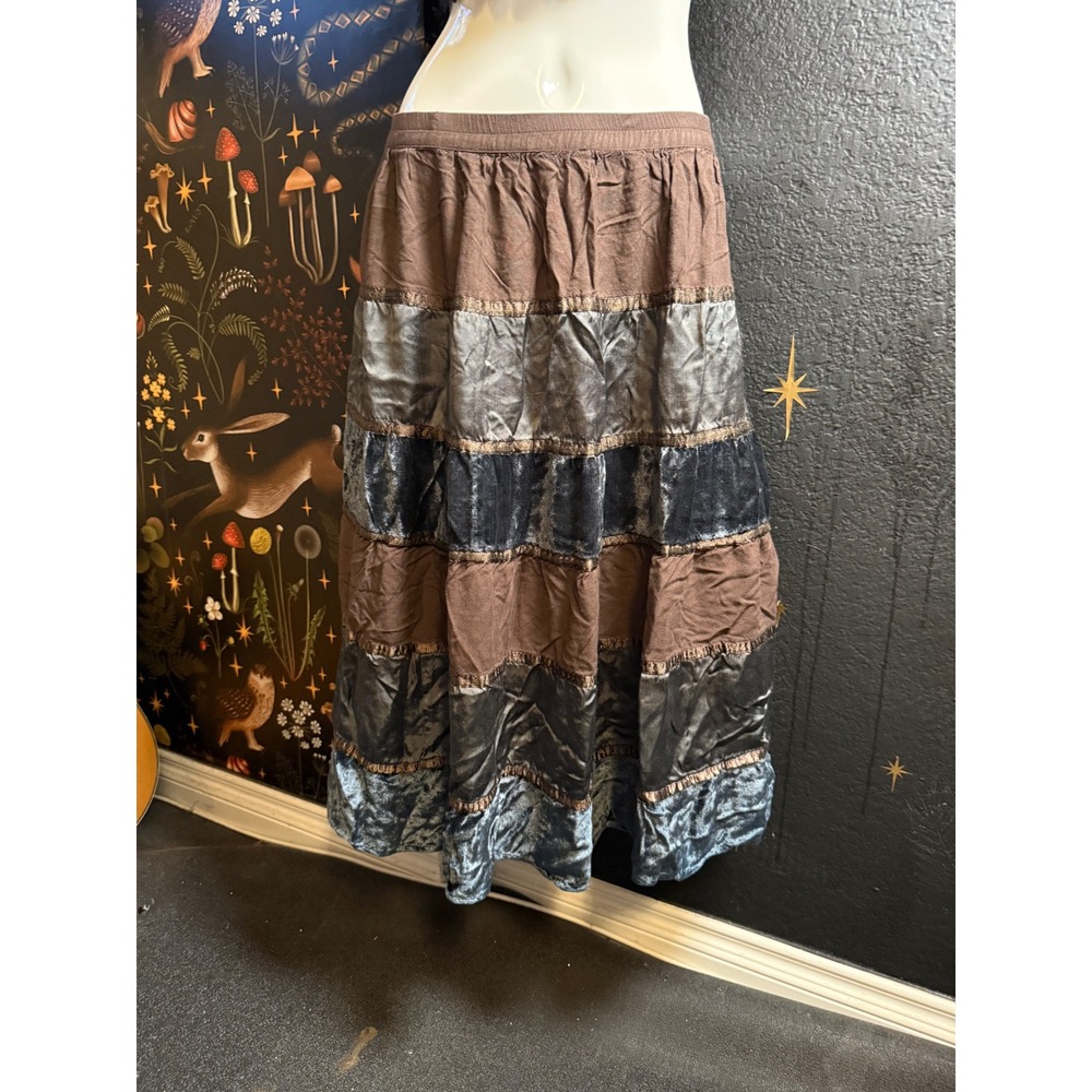 Kaktus Women Brown Blue Velvet Tiered Midi Skirt Mixed Media Boho Whimsygoth M